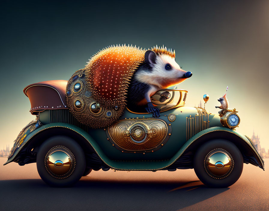 Whimsical hedgehog driving steampunk-style car with bird on hood at dusk