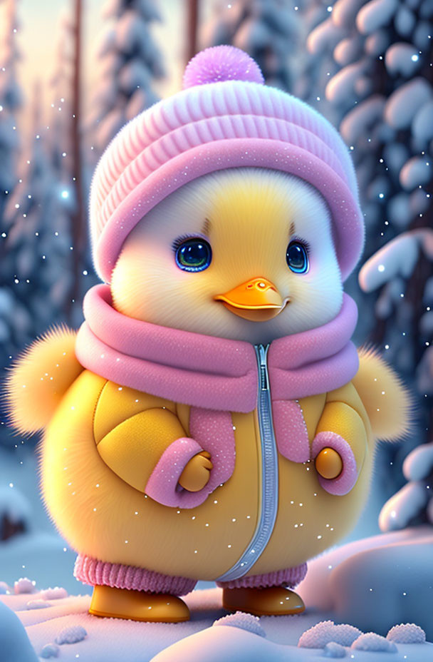 Cartoon chick in pink winter attire on snowy background