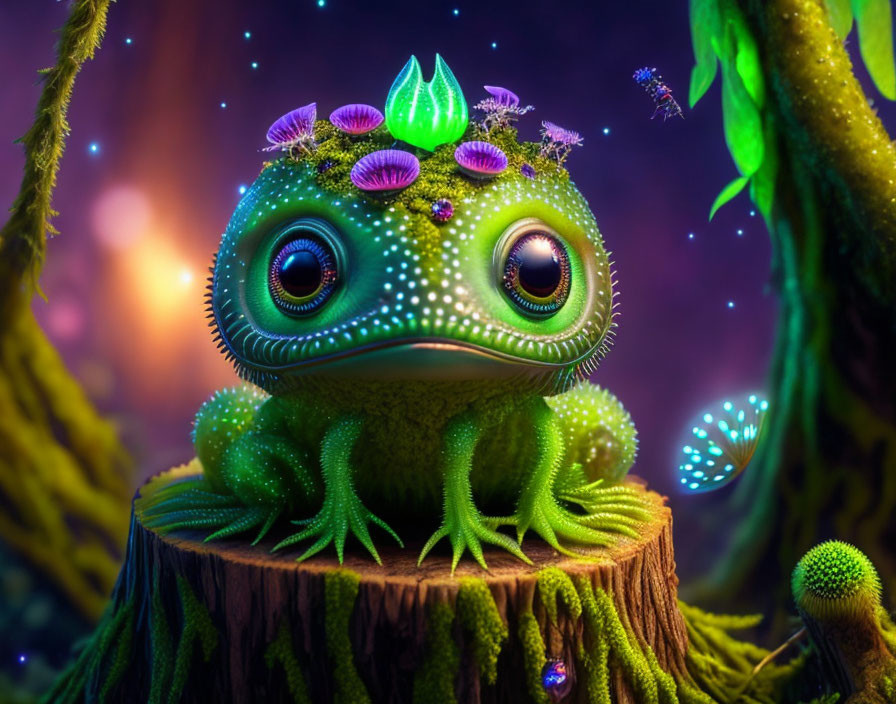 Green frog with expressive eyes in enchanted forest with bioluminescent accents