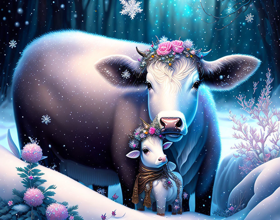 Mother cow and calf with flowers in snowy forest at night