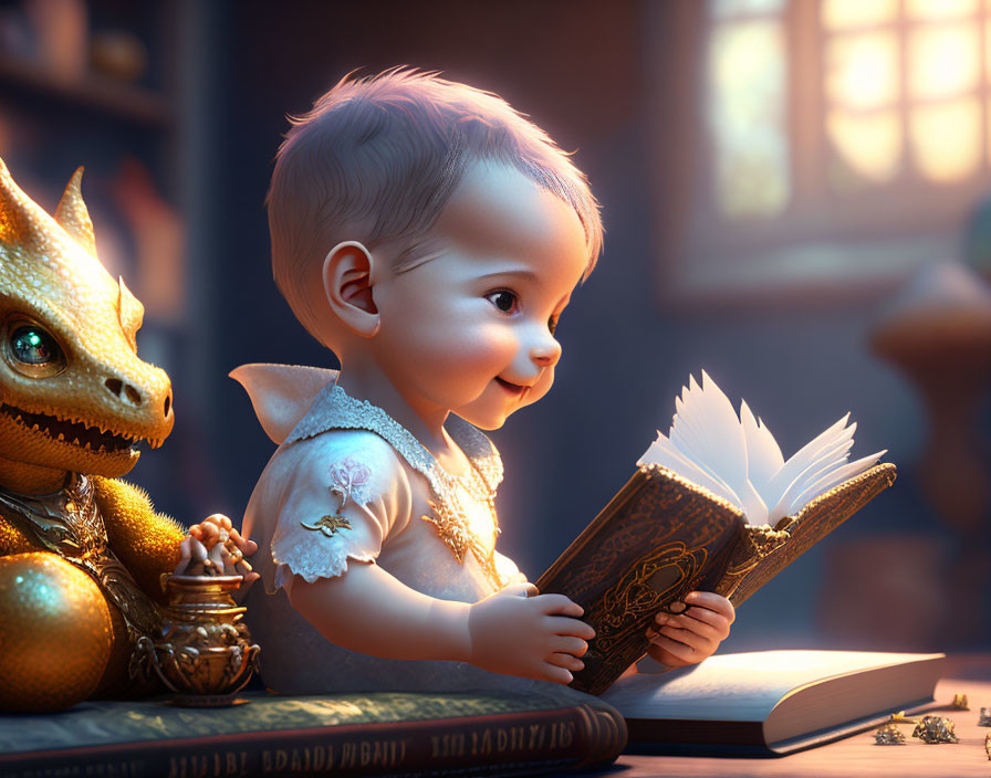 Baby reading magical book with small dragon in cozy, dimly-lit room