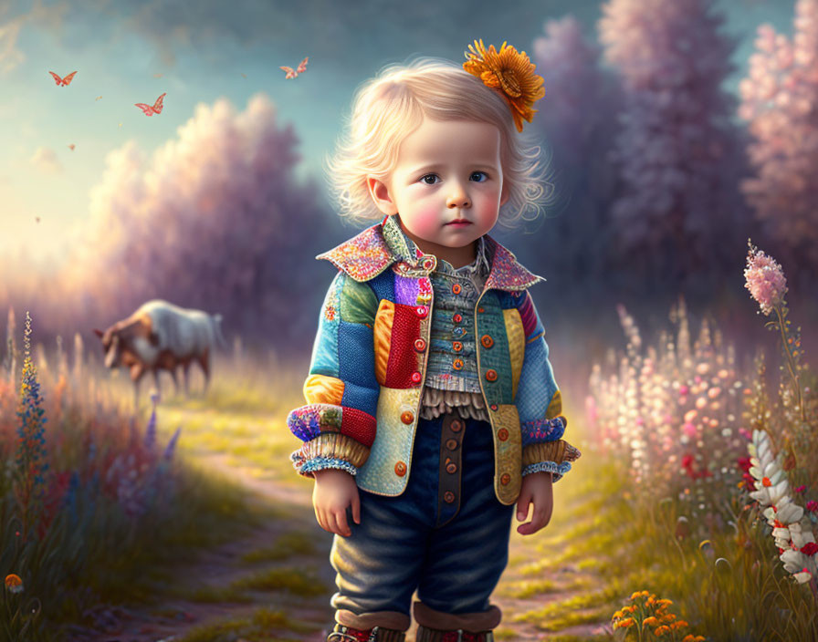 Colorful Toddler in Meadow with Horse and Butterflies