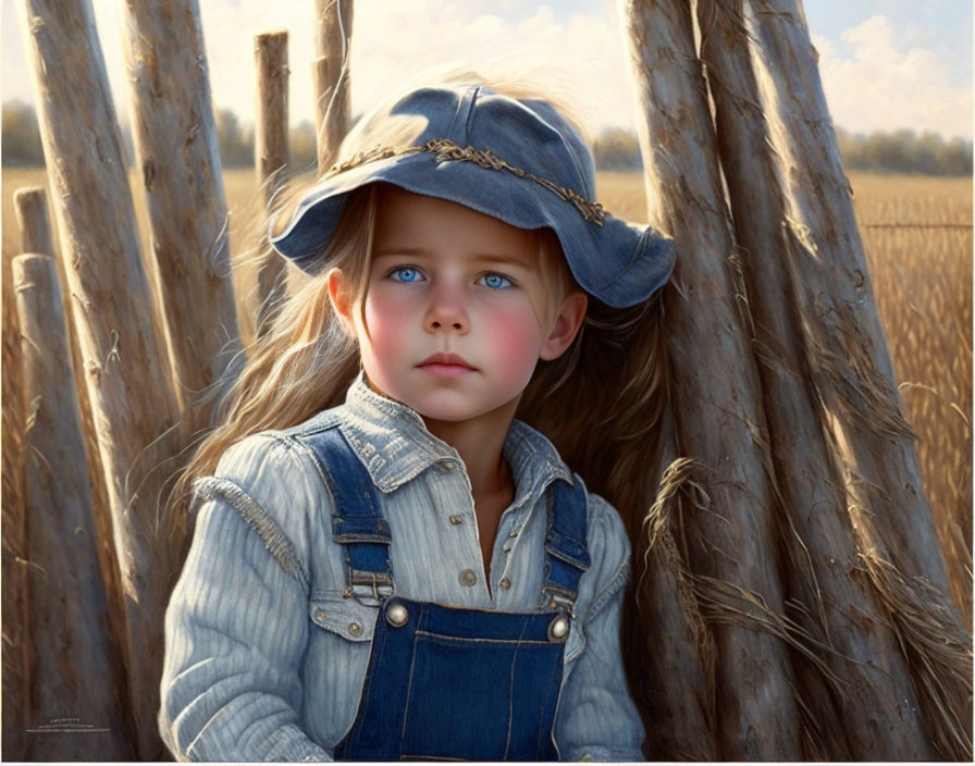 Blonde girl in denim hat and overalls near wooden poles in field