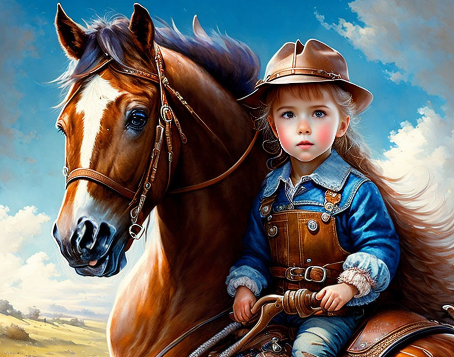 Young Child in Cowboy Hat Riding Brown Horse Under Blue Sky