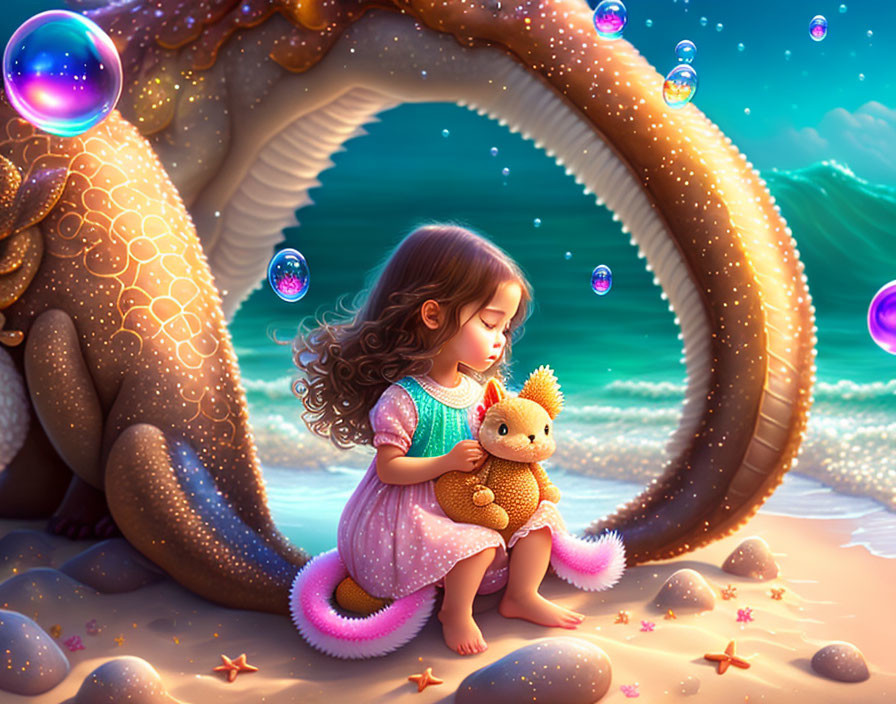 Curly-haired girl hugs dragon beside starfish on starlit beach