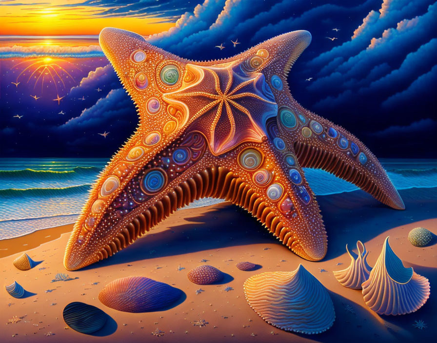 Colorful Surrealist Painting: Oversized Starfish on Beach with Sunset