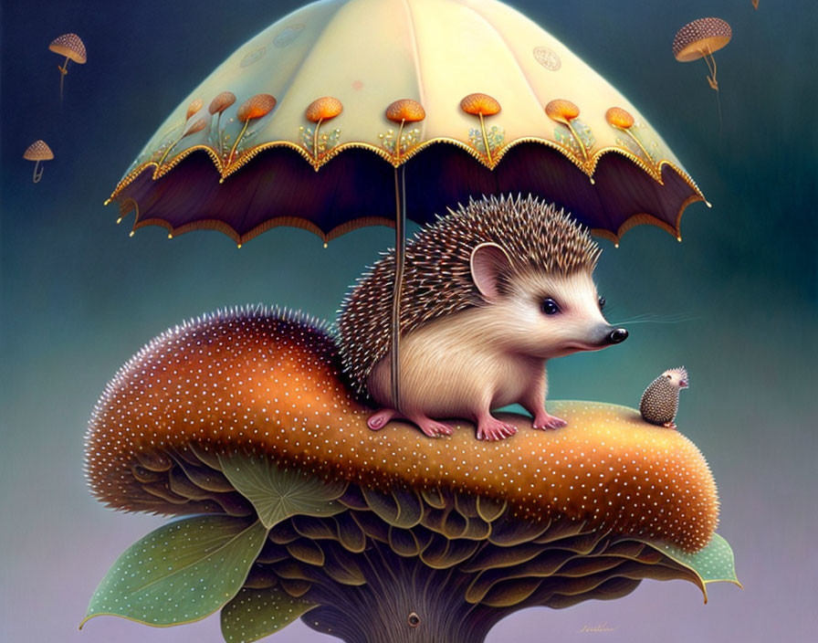 Illustrated hedgehog on orange mushroom with smaller hedgehog and umbrella mushrooms