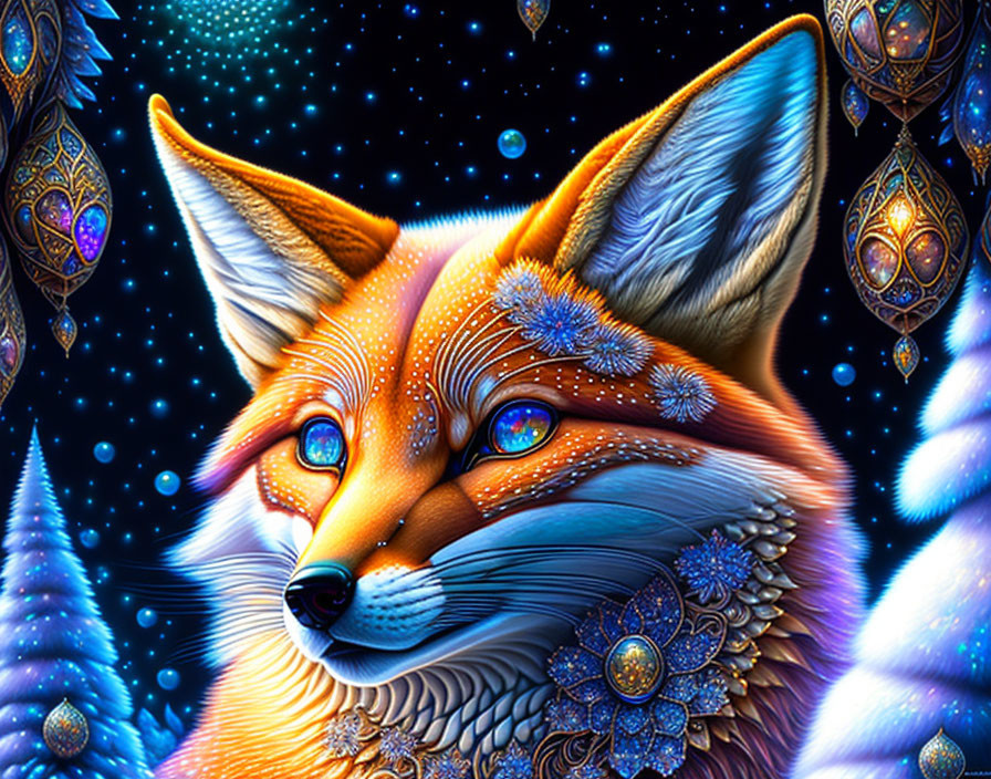 Detailed illustration of orange fox with blue eyes and ornate jewelry on cosmic background