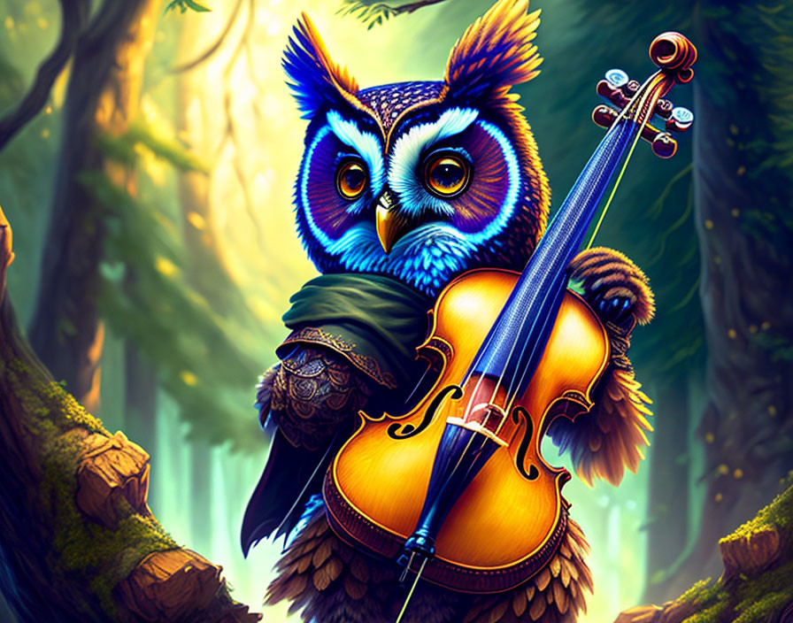 Colorful anthropomorphic owl with blue eyes holding cello in forest landscape