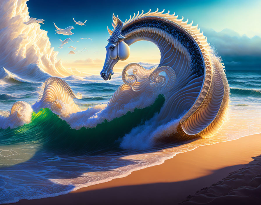 Fantastical image: Horse-headed wave under sunset sky