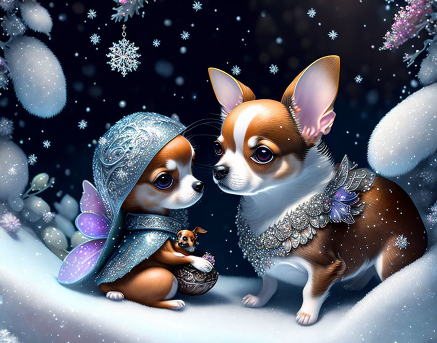 Fantasy-themed chihuahuas in intricate costumes with butterfly wings, surrounded by snowflakes.