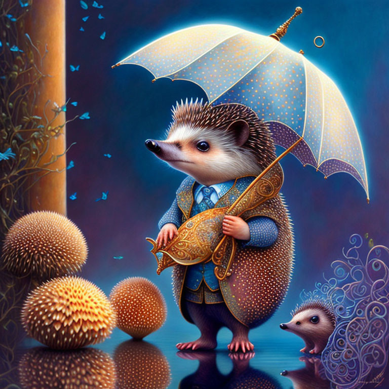 Anthropomorphic hedgehog with umbrella and water jug under starry sky