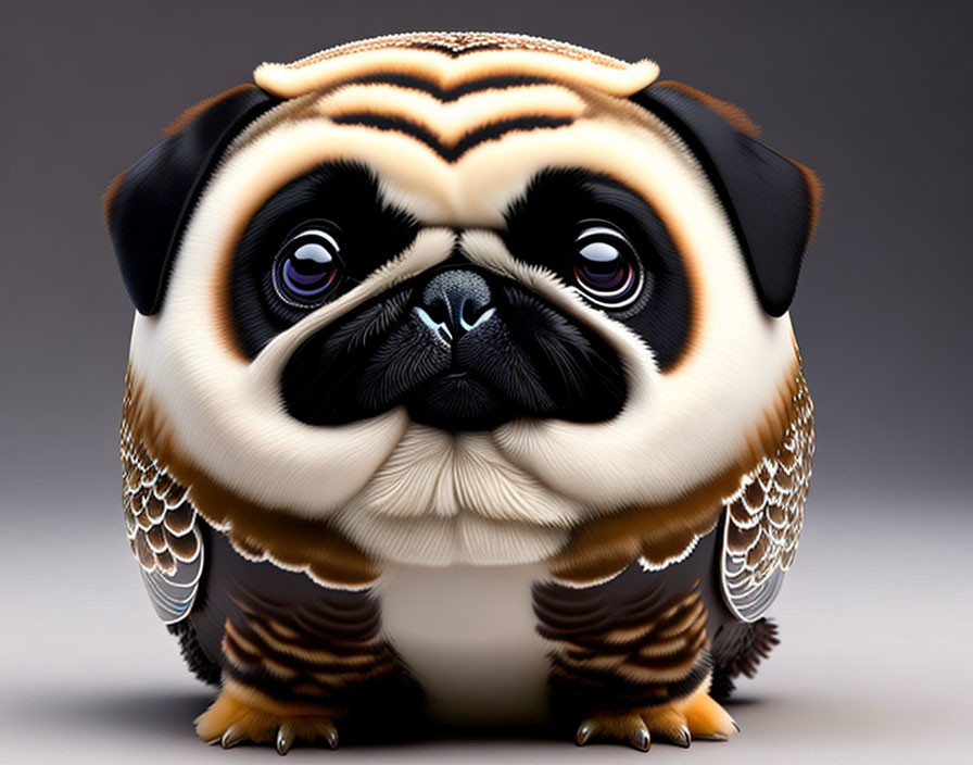 Stylized digital artwork of a pug with owl-like features