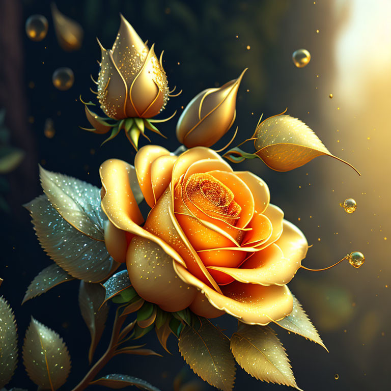 Golden Rose with Dewdrops in Enchanted Forest