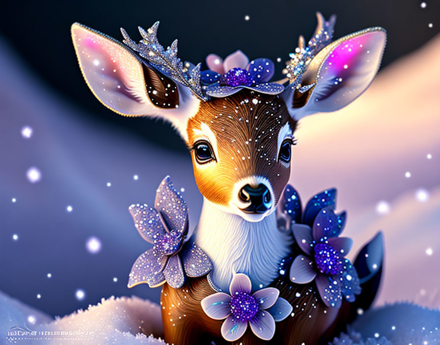 Fawn with Purple Flowers and Snowflakes in Nocturnal Setting