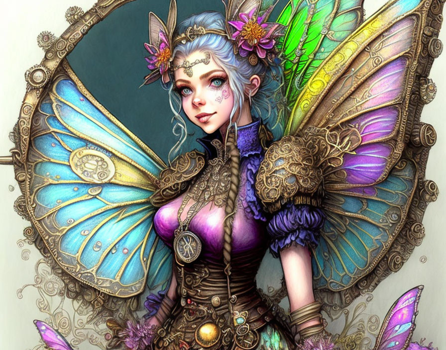 Detailed illustration of fairy with vibrant blue wings, purple dress, ornate jewelry, and floral hair.