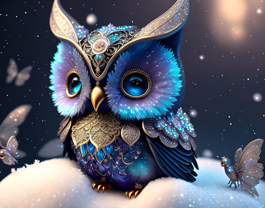 Fantasy owl digital illustration with metallic adornments and mechanical butterflies