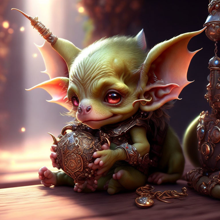 Fantasy creature with big eyes holding golden orb in antique setting