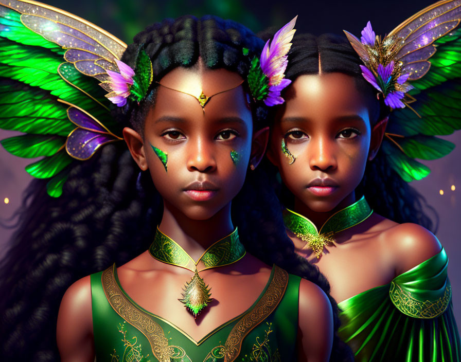 Two young girls with butterfly wings and green-themed attire.