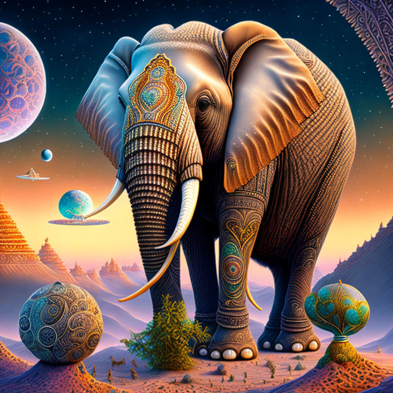 Colorful Digital Artwork: Ornate Elephant in Surreal Landscape