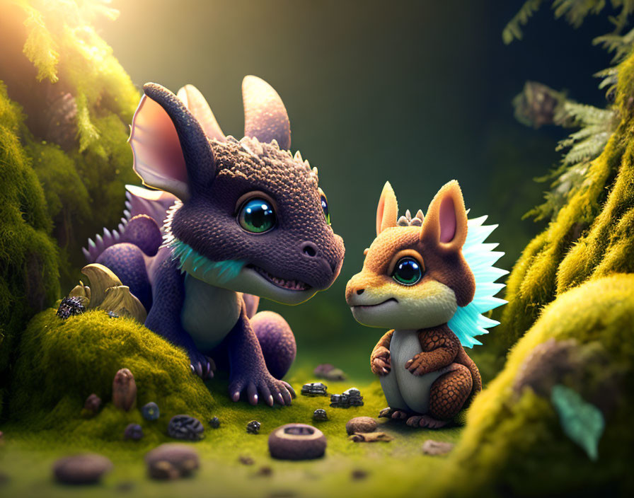 Whimsical animated dragon creatures in lush forest setting