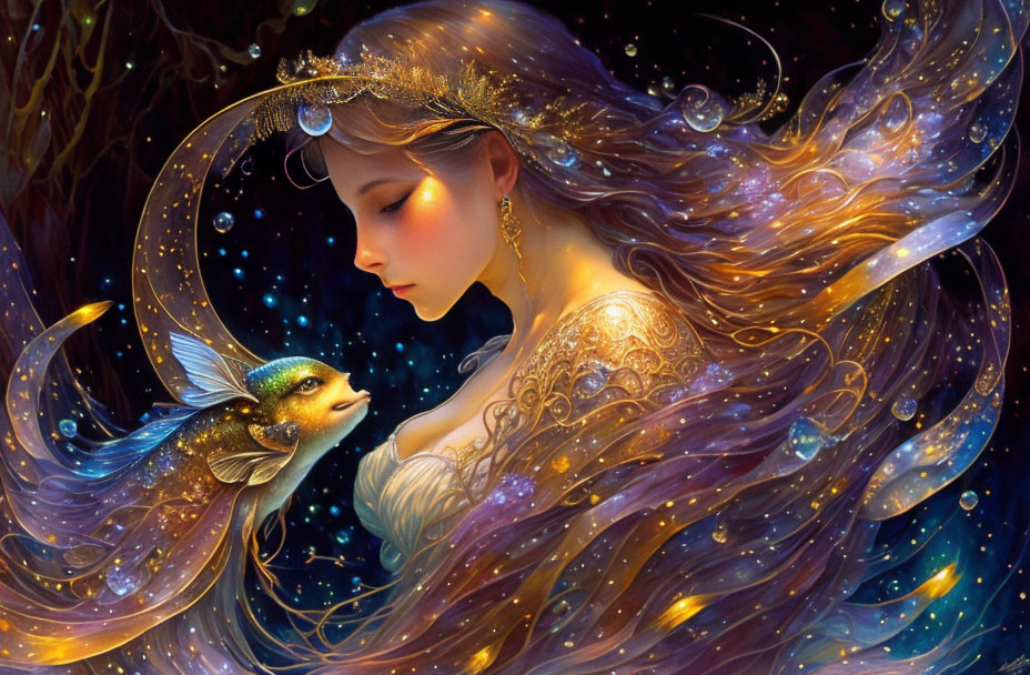 Illustration of woman with flowing star-adorned hair and enchanted fish