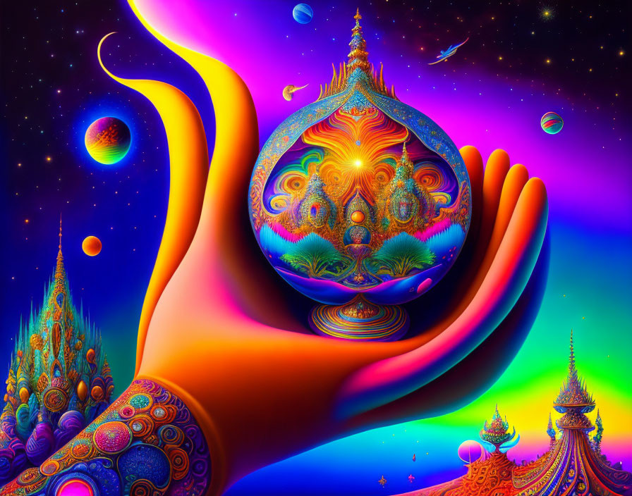 Colorful surreal digital artwork: Hand holding cosmic orb