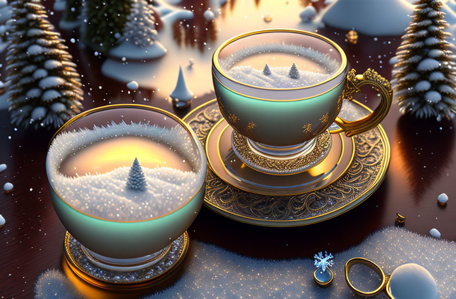 Ornate cups with winter scenes on reflective surface