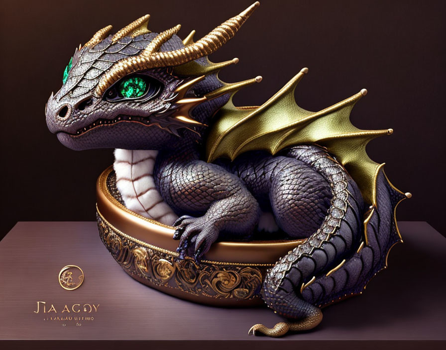 Majestic dragon digital artwork with green eyes and golden stand