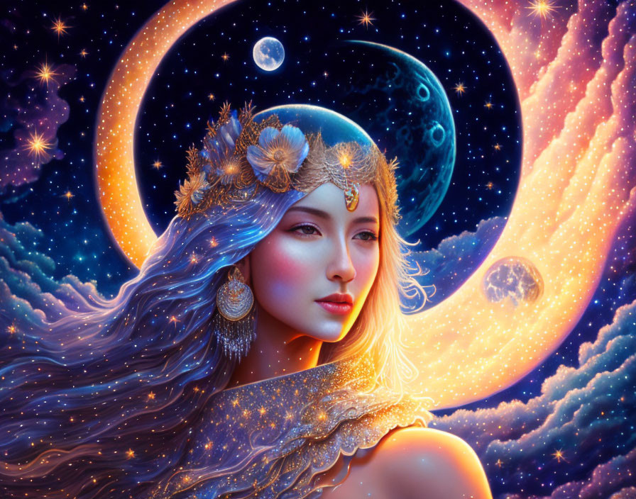 Celestial-themed portrait of a woman with stars, planets, and moons