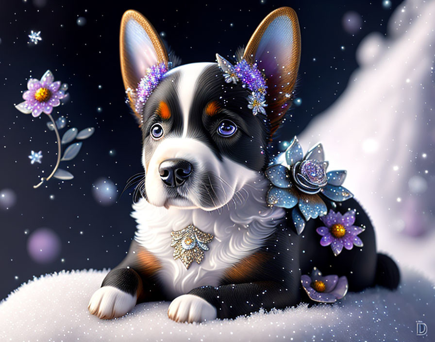 Illustration of Corgi with Sparkly Ears in Snowy Night