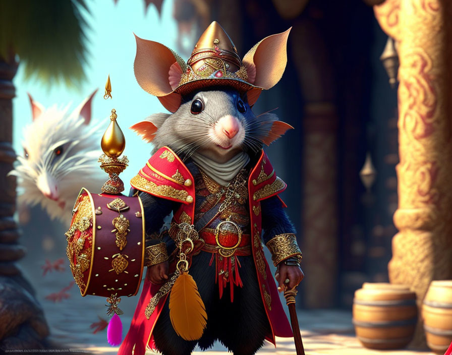 Anthropomorphic mouse in royal guard attire with staff, amidst architectural backdrop.