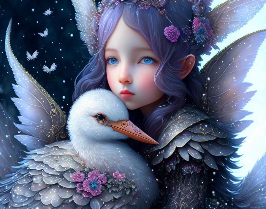 Fantasy character with blue eyes, lavender hair, butterfly wings cradles bird