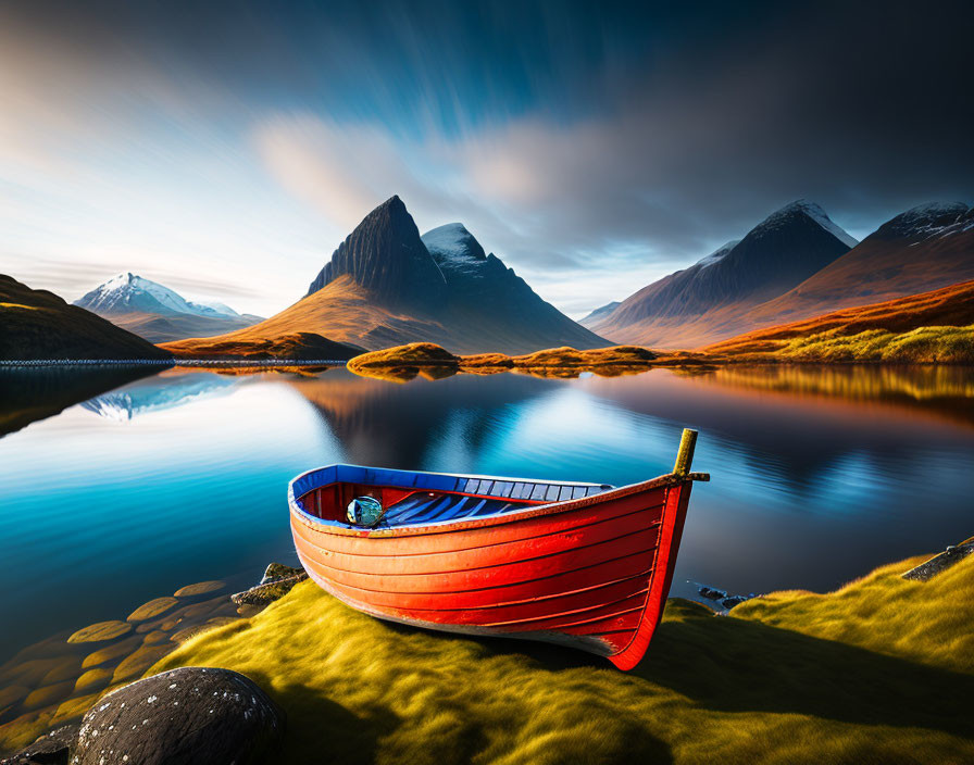 Tranquil landscape with red boat on calm lake, mountains, blue sky