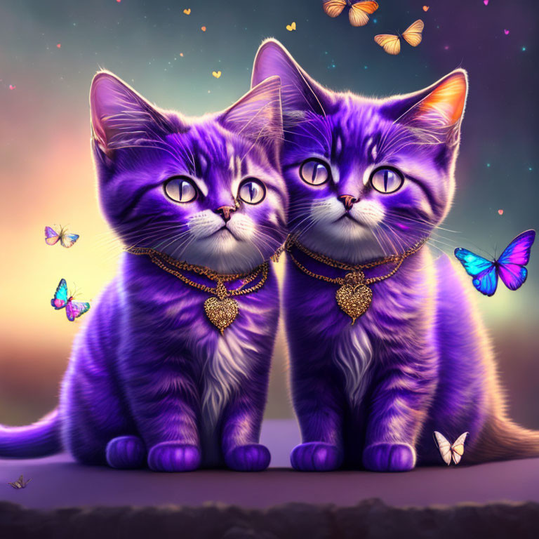 Purple whimsical cats with heart pendants and butterflies in twilight