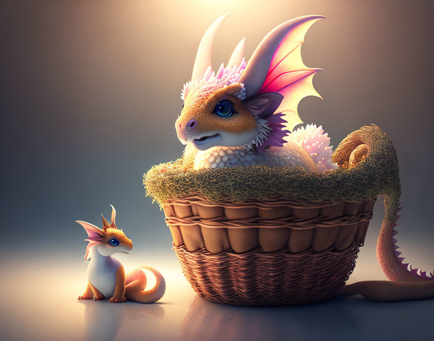 Colorful Frilled Dragon Creatures in Basket and Standing Together