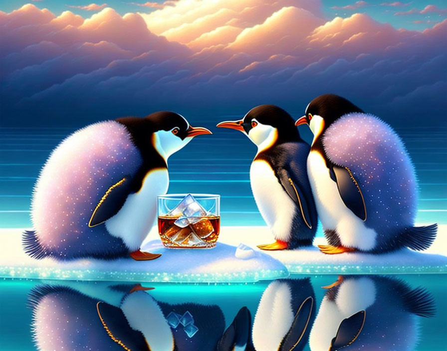 Cartoon penguins on ice floe with whiskey under dramatic sky.