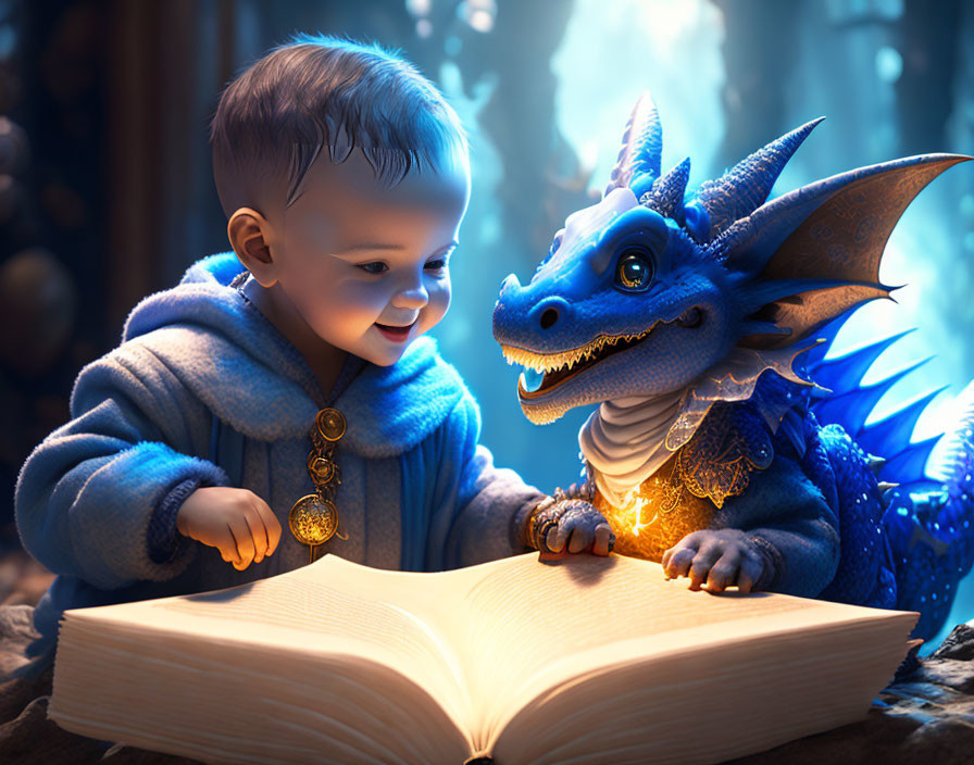 Baby and dragon share a smile with glowing book in warm setting
