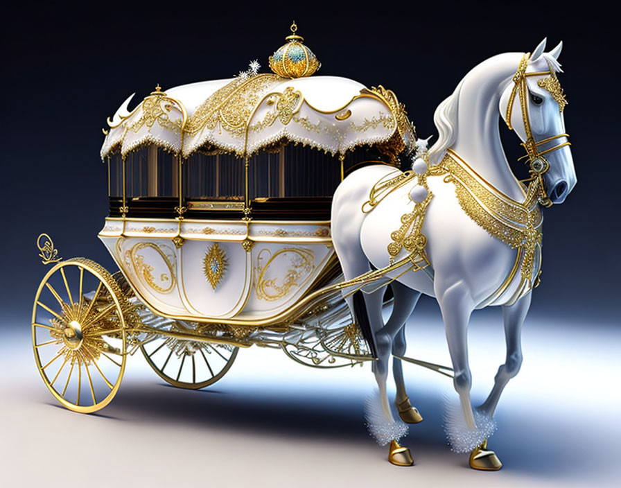 White and Gold Carriage Pulled by White Horse on Plain Background