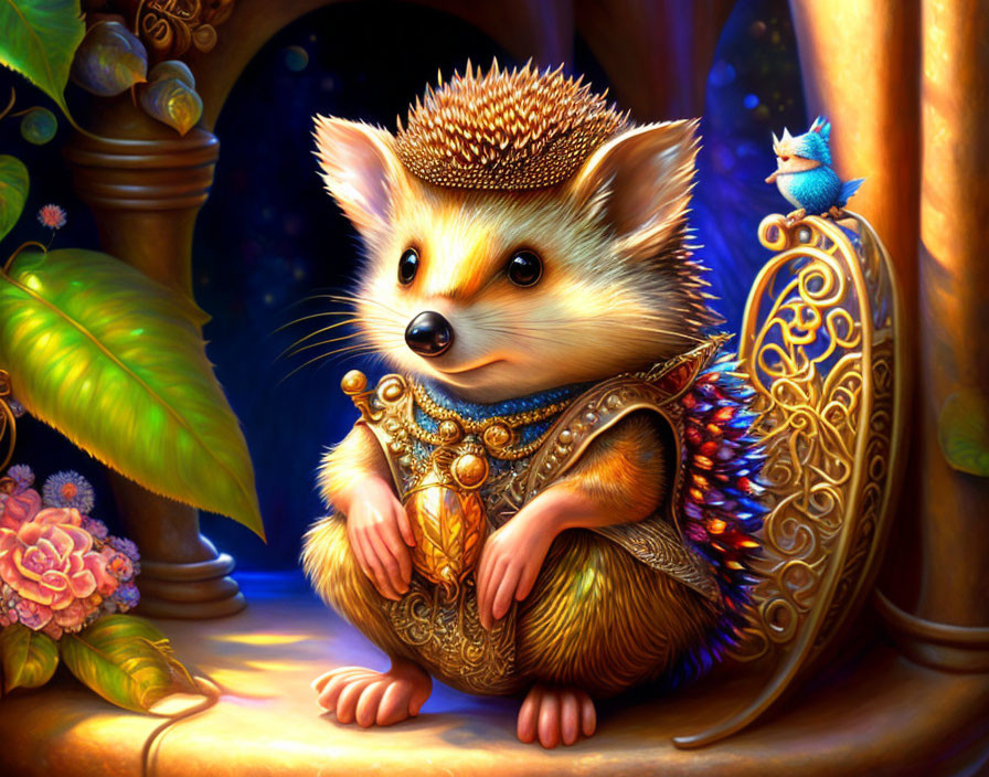 Fantasy hedgehog king with crown, cloak, scepter, and bird