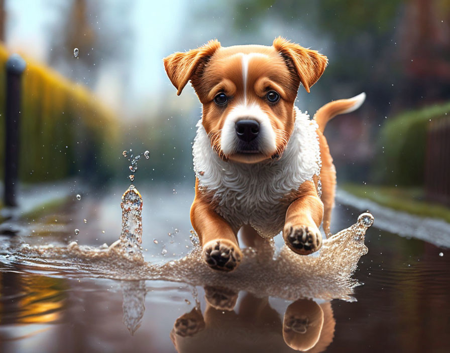 Brown and White Puppy Splashing in Puddle on Rainy Day