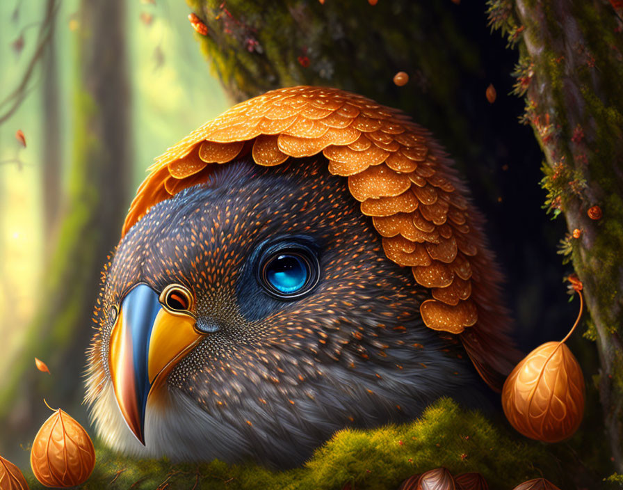 Detailed Owl Illustration with Blue Eyes and Autumn Forest Background