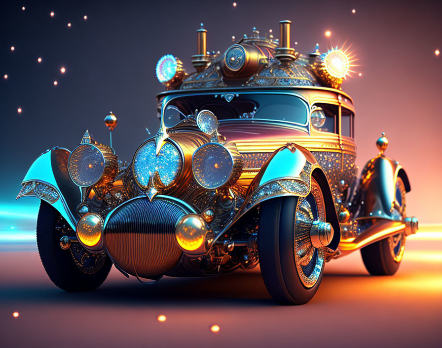 Fantastical ornate vehicle with intricate metallic details and glowing blue accents at dusk