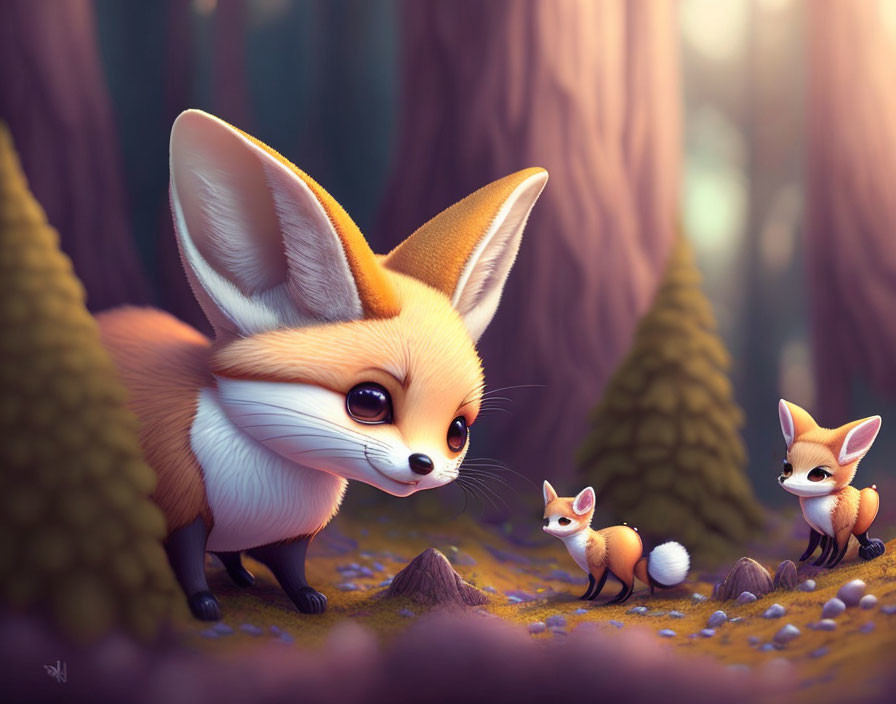 Whimsical forest scene with three cute foxes