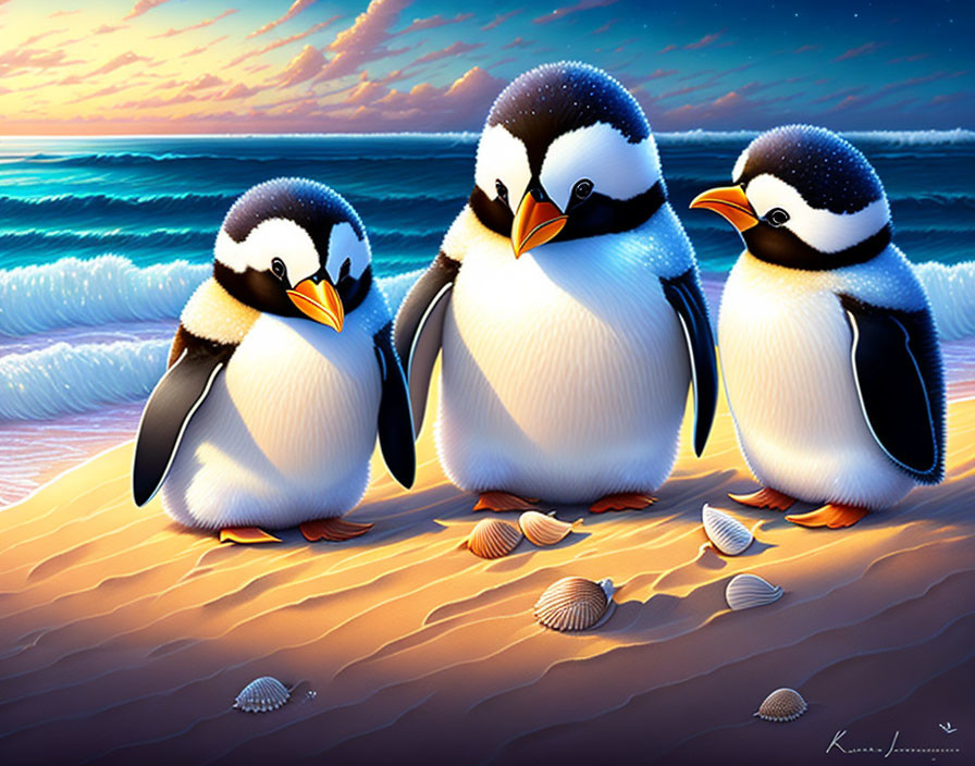 Cartoon penguins on sandy beach with seashells by vivid ocean at sunset