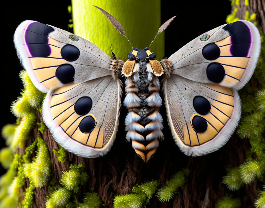 Colorful Moth with Eye-Like Spots and Purple Accents on Green Surface