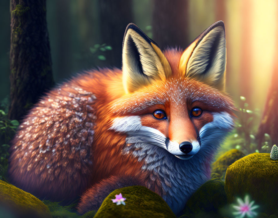 Vivid red fox with blue eyes in forest setting