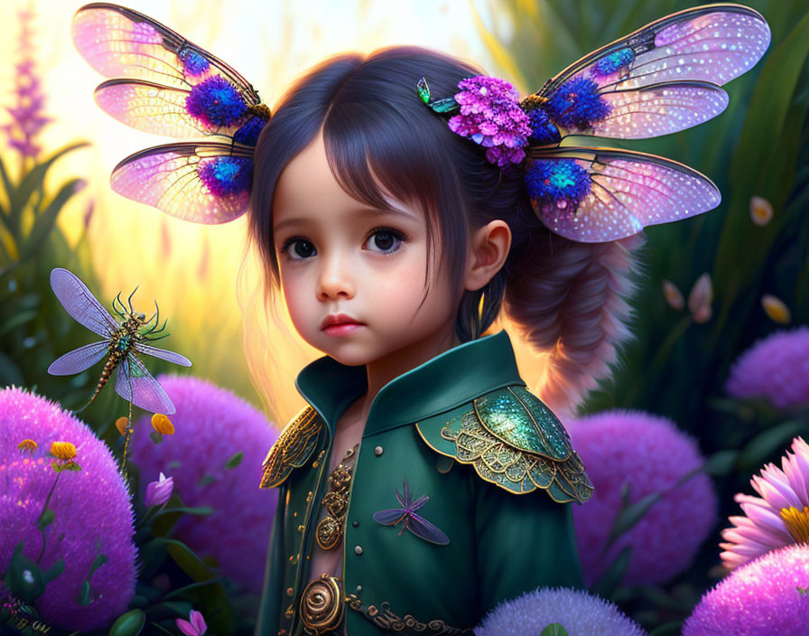 Digital Artwork: Young Girl with Iridescent Fairy Wings and Dragonfly in Vibrant Floral Scene