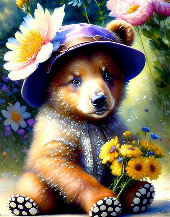 Illustration of cute bear cub in purple hat with yellow flower bouquet on vibrant floral background