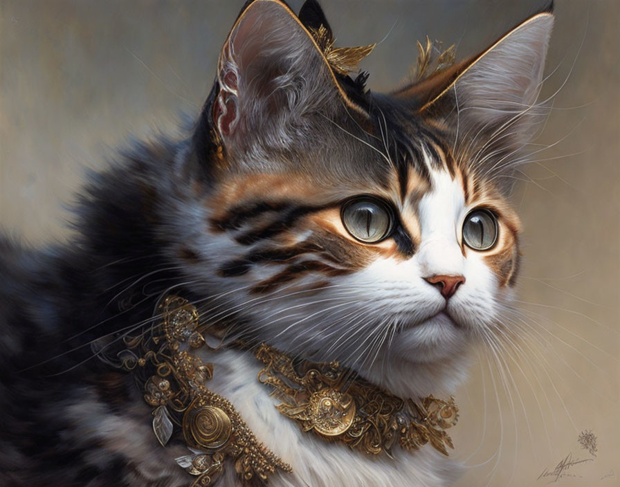 Detailed Painting of Majestic Cat with Amber Eyes and Golden Jewelry